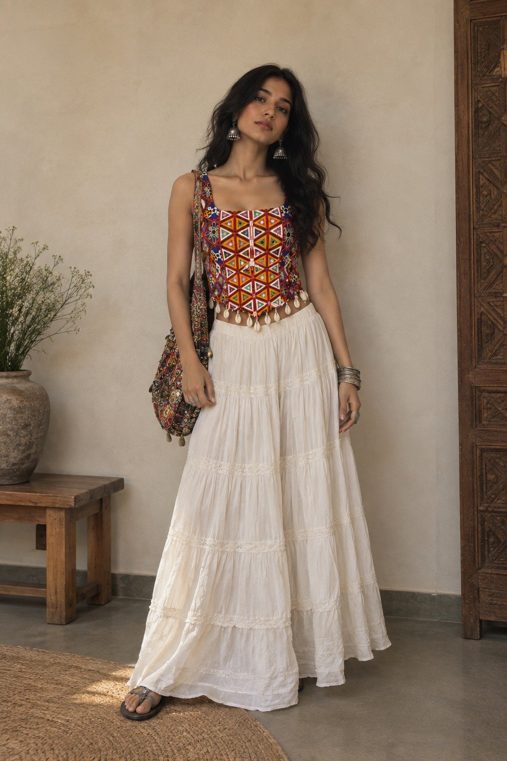 Kutchi Embroidered Corset Blouse with Mirror Work and Cowrie Shell Tassels.