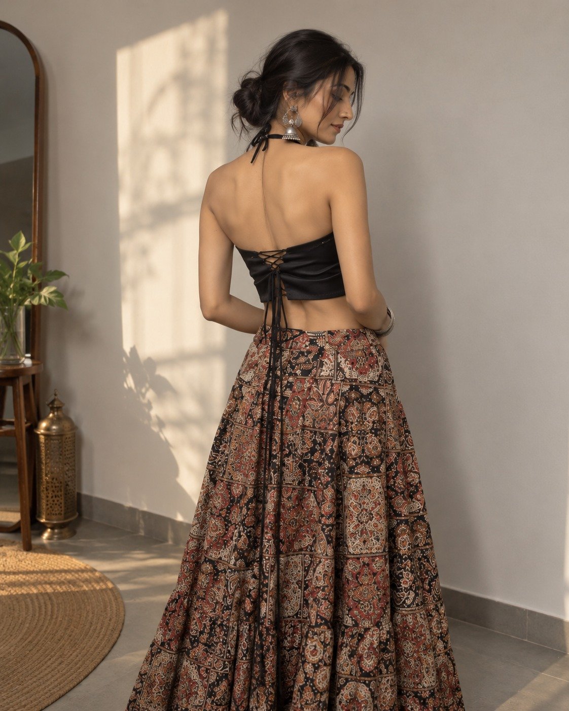 Halter Neck Straight Kurta with an Ajrakh Printed Lehenga Skirt/ Dhoti - Image 3